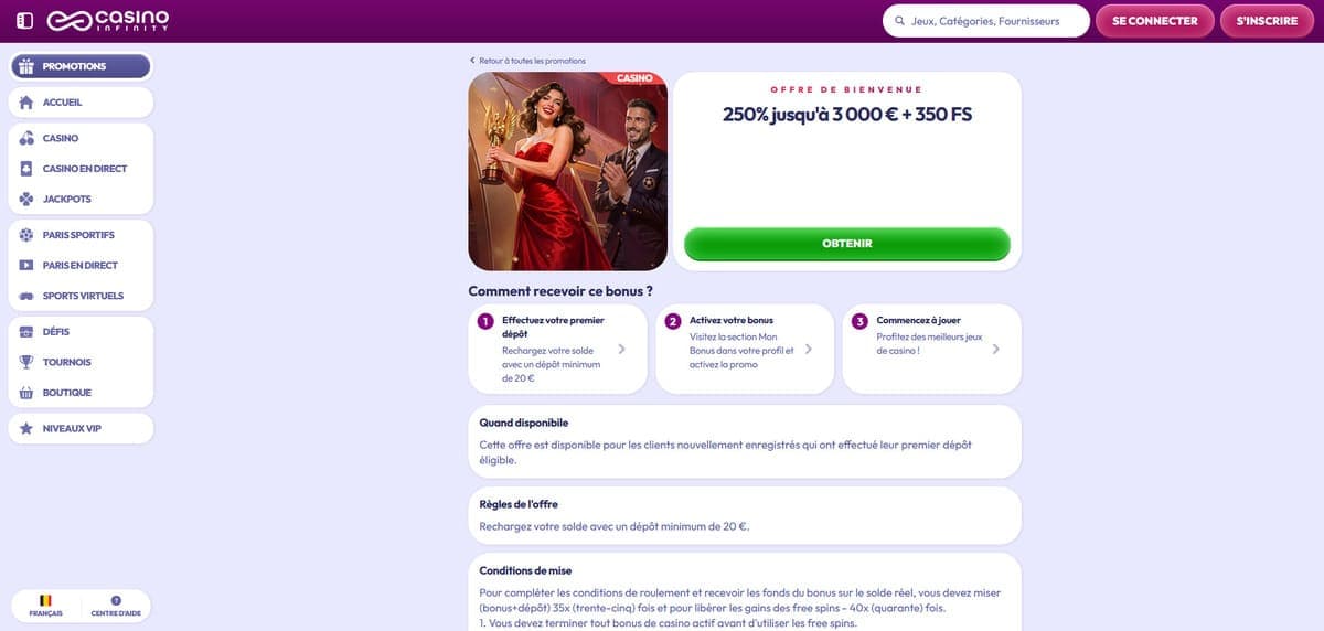 Bonus bienvenue Infinity casino