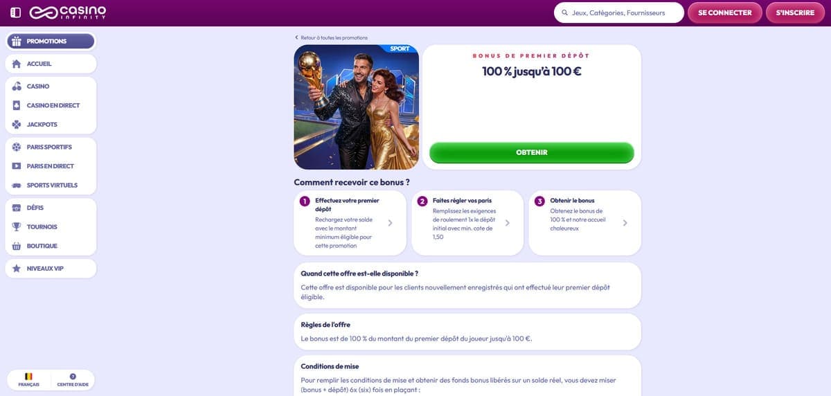 Bonus premier dépôt Infinity casino