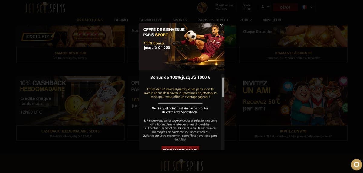 Bonus bienvenue sport JetSetSpins Casino