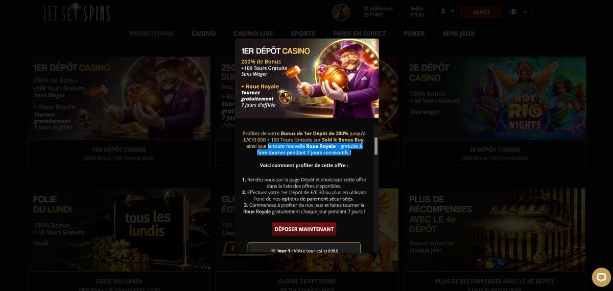 Bonus bienvenue JetSetSpins Casino