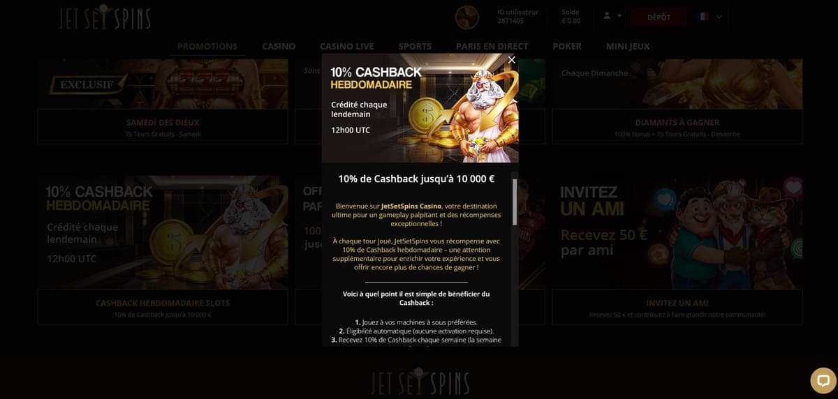 Cashback JetSetSpins Casino