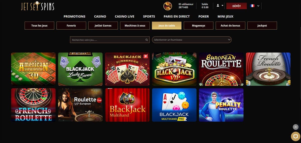 Jeux de table JetSetSpins Casino
