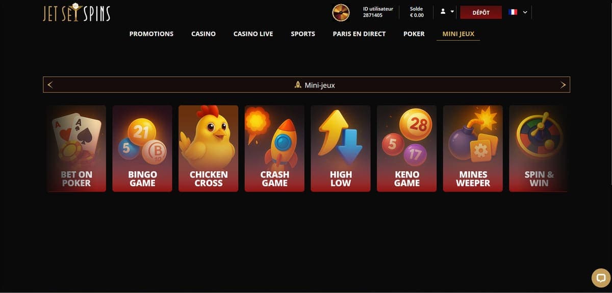 Mini jeux JetSetSpins Casino