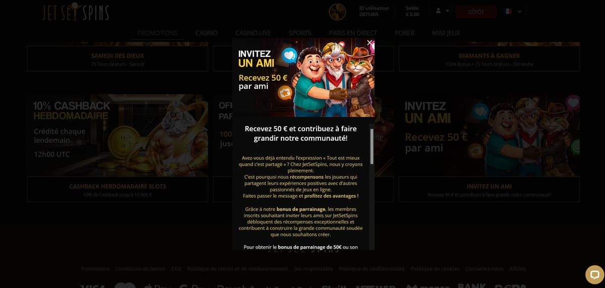 Parrainage JetSetSpins Casino