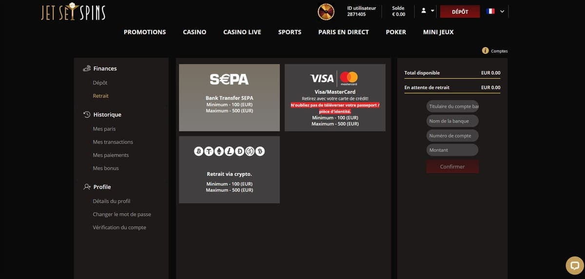 Retrait JetSetSpins Casino
