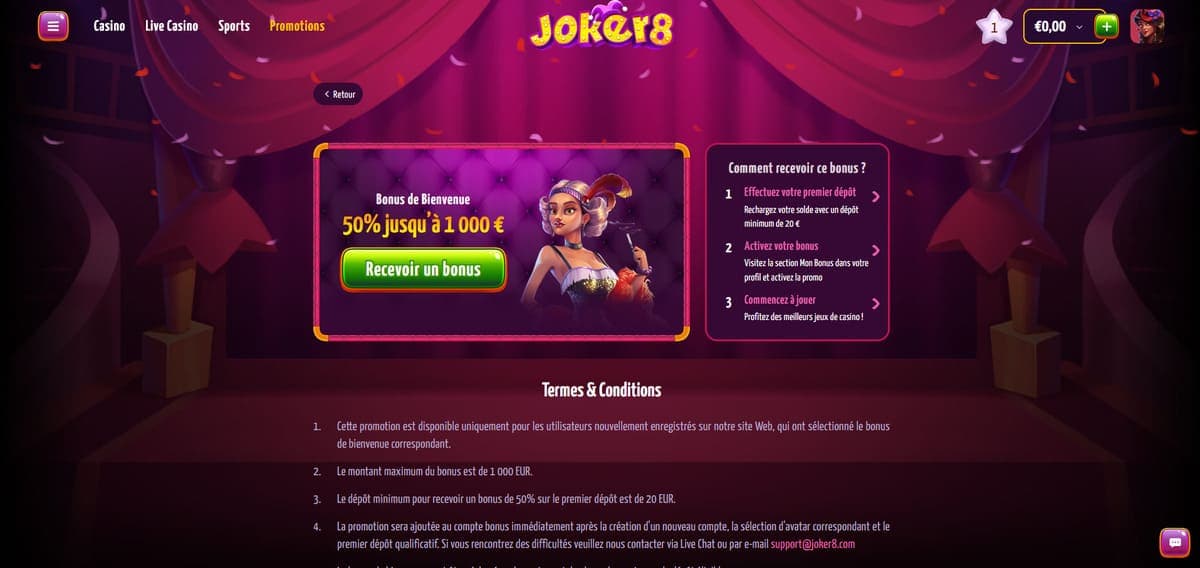 Bonus bienvenue Joker8 Casino
