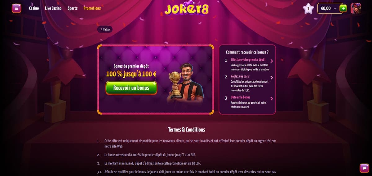 Bonus premier dépôt Joker8 Casino