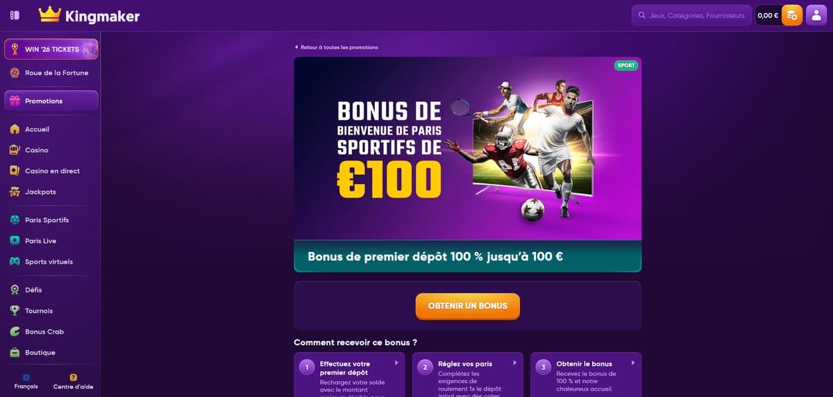 Bonus bienvenue sport  Kingmaker Casino