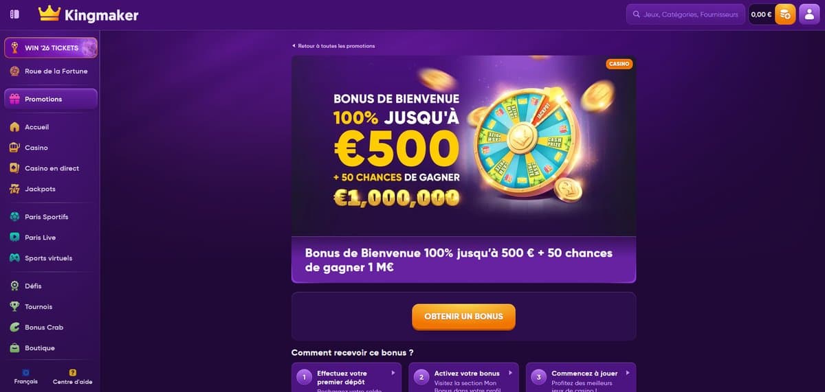 Bonus bienvenue Kingmaker Casino