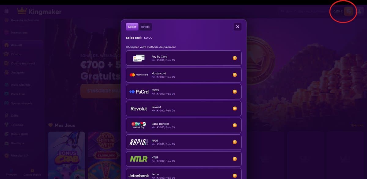 Dépôt Kingmaker Casino