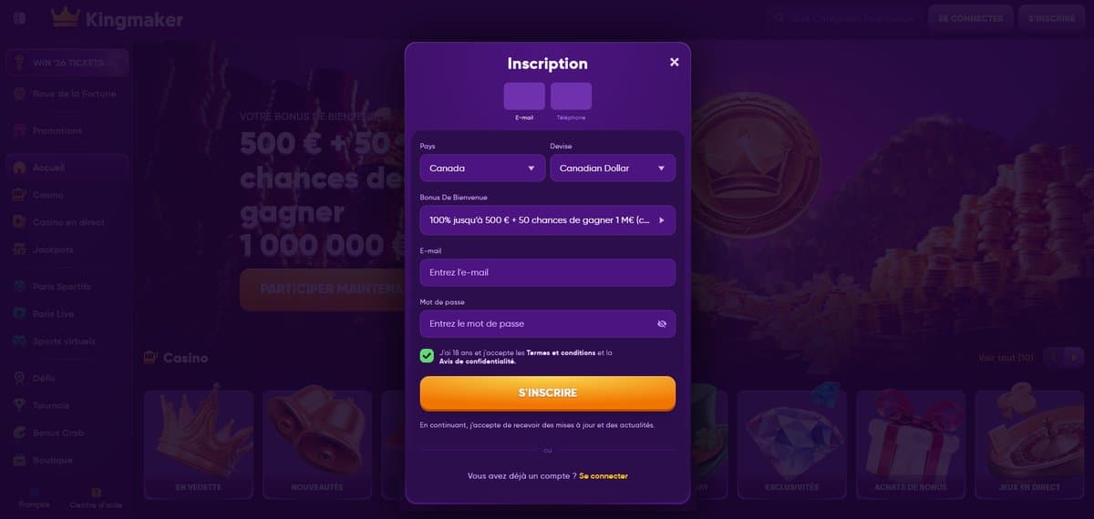Inscription Kingmaker Casino