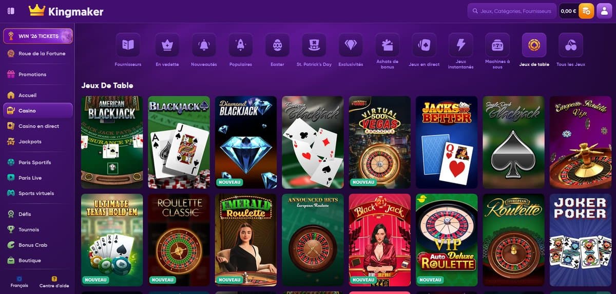 Jeux de table Kingmaker casino