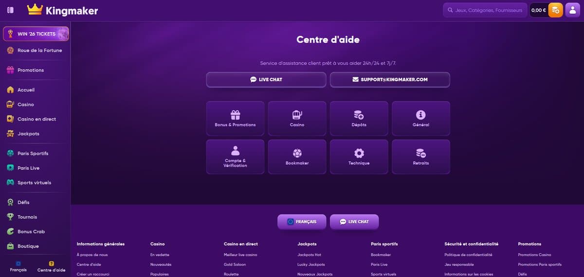 Support client Kingmaker Casino