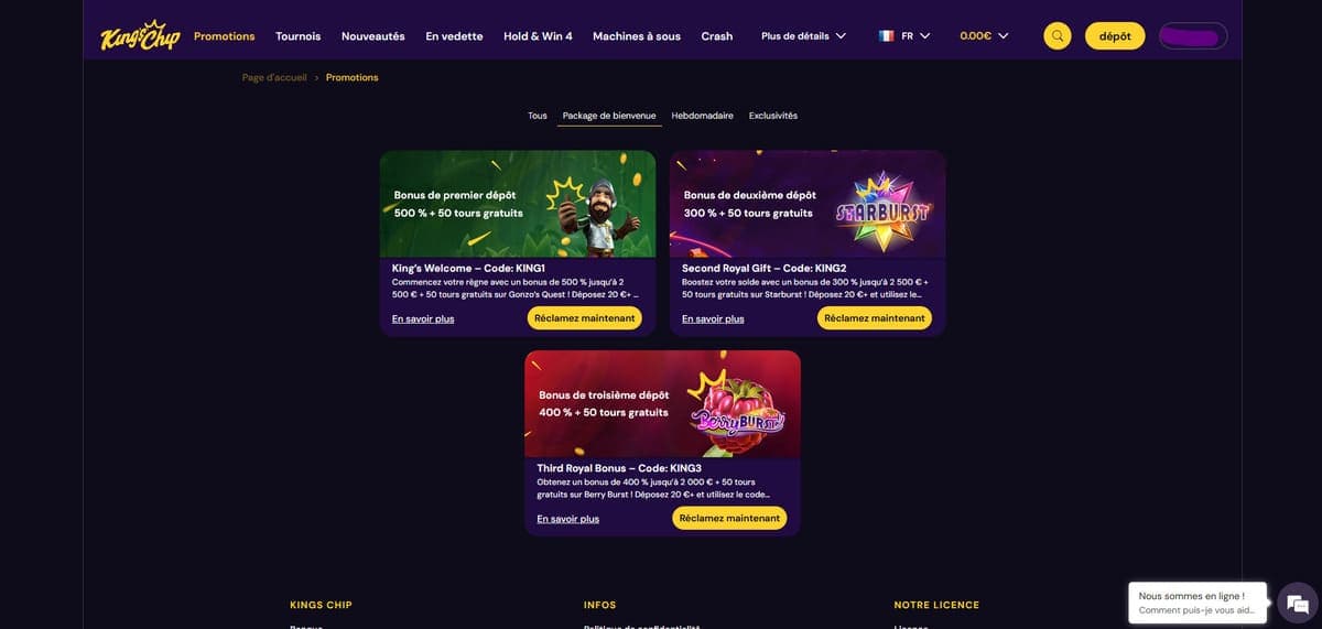 Cadeau de bienvenue Kings Chip Casino