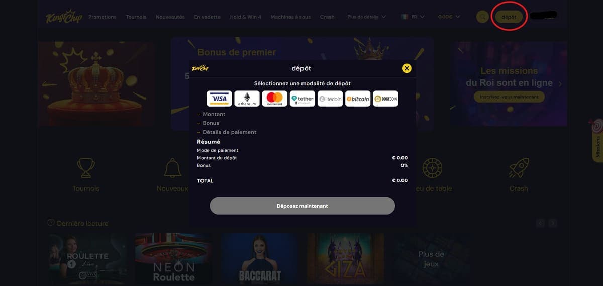 Dépôt Kings Chip Casino