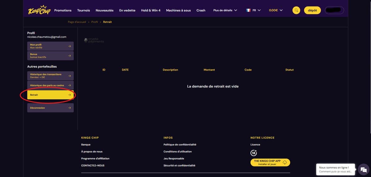 Retrait Kings Chip Casino