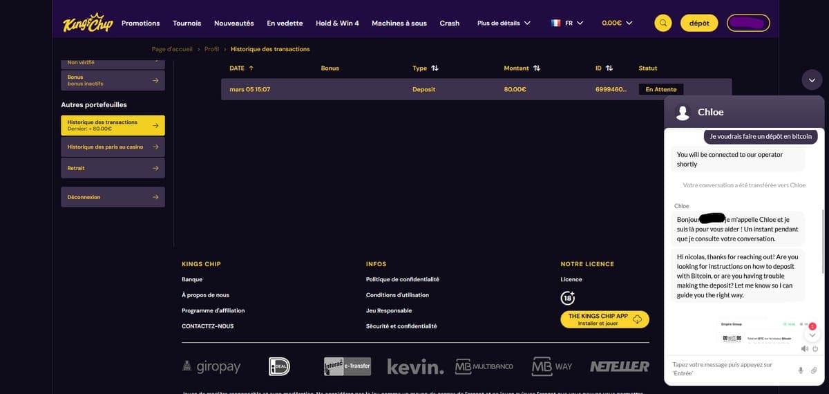 Support client Kings Chip Casino