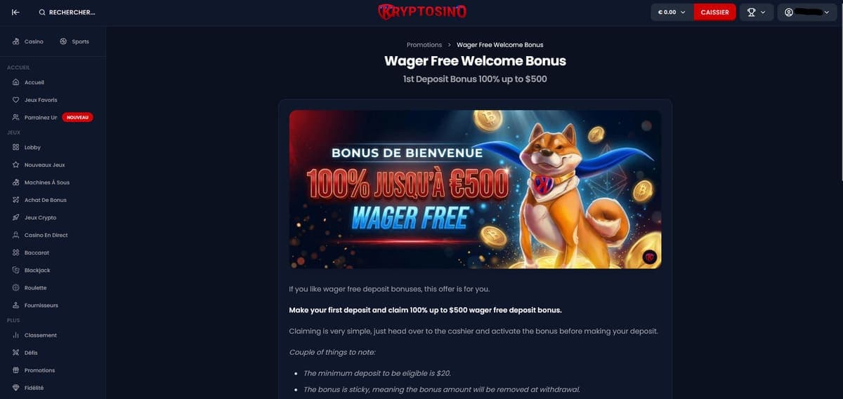 Bonus bienvenue sans wager Kryptosino Casino