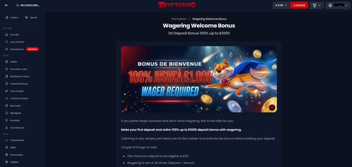Bonus bienvenue wager Kryptosino Casino