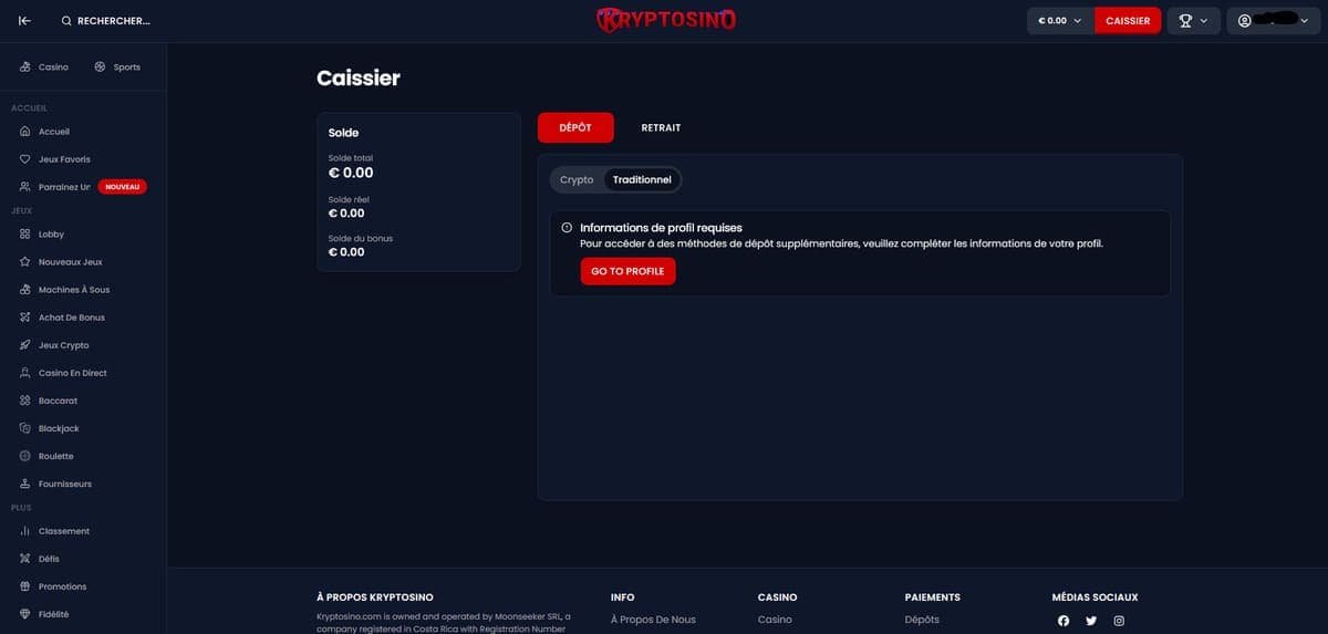 Dépôt profil Kryptosino Casino