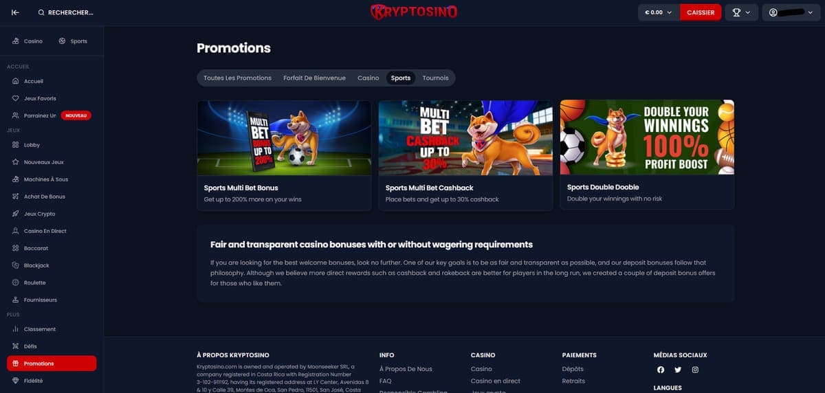 Promos sport Kryptosino Casino