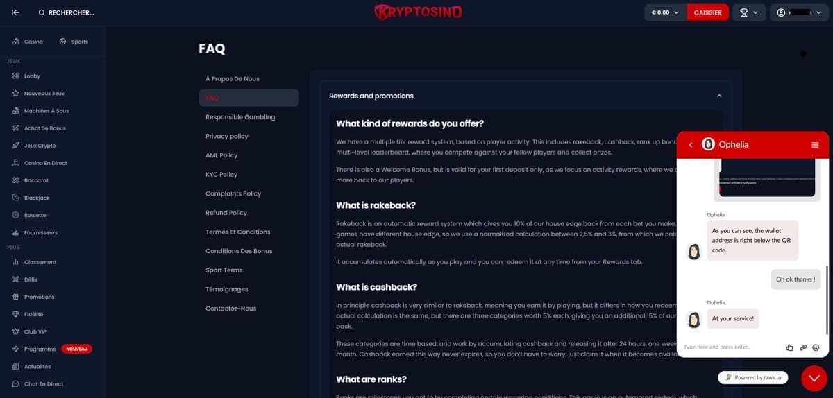 Support client Kryptosino Casino
