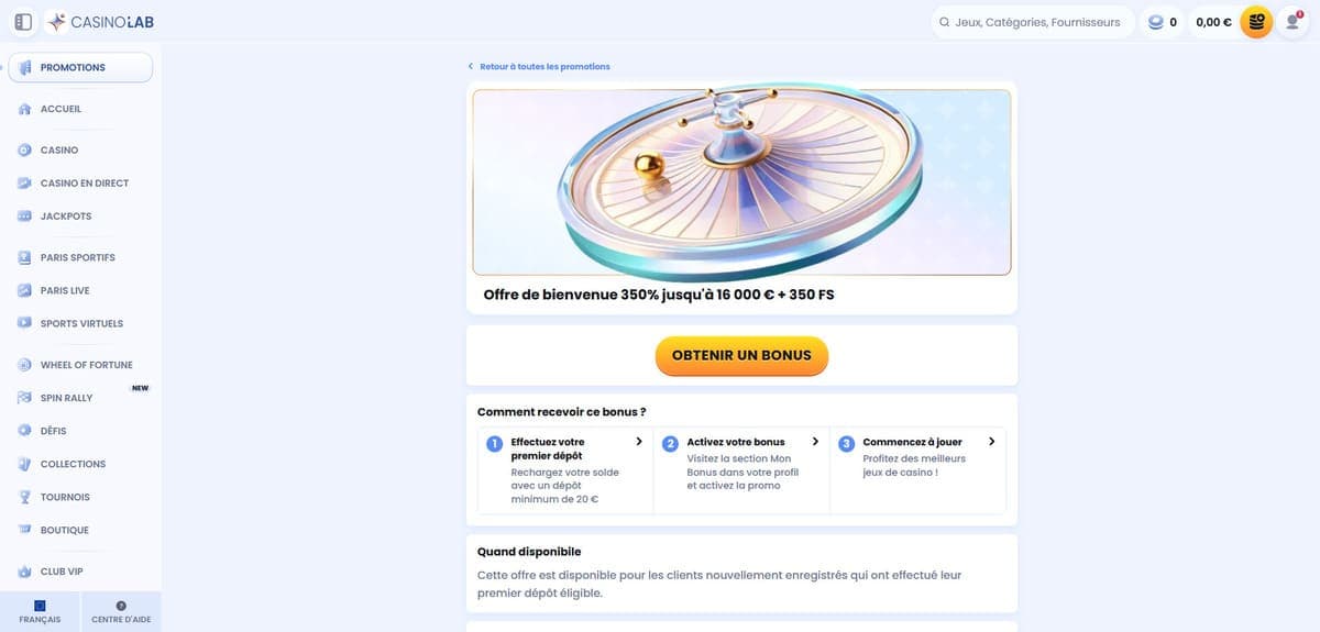 Bonus bienvenue CasinoLab Casino