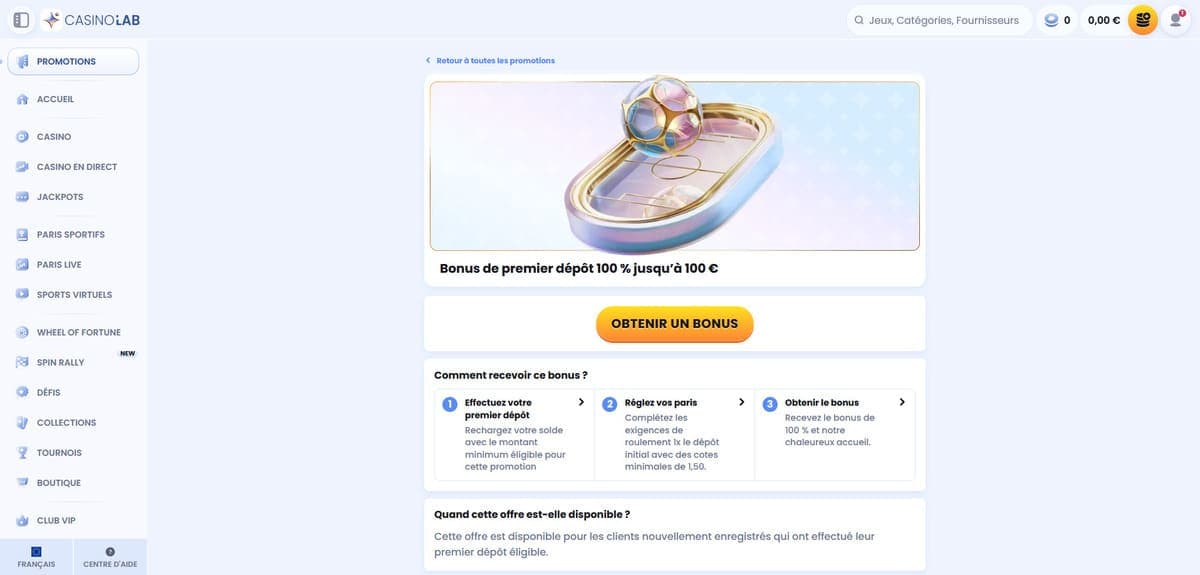 Bonus premier dépôt CasinoLab Casino
