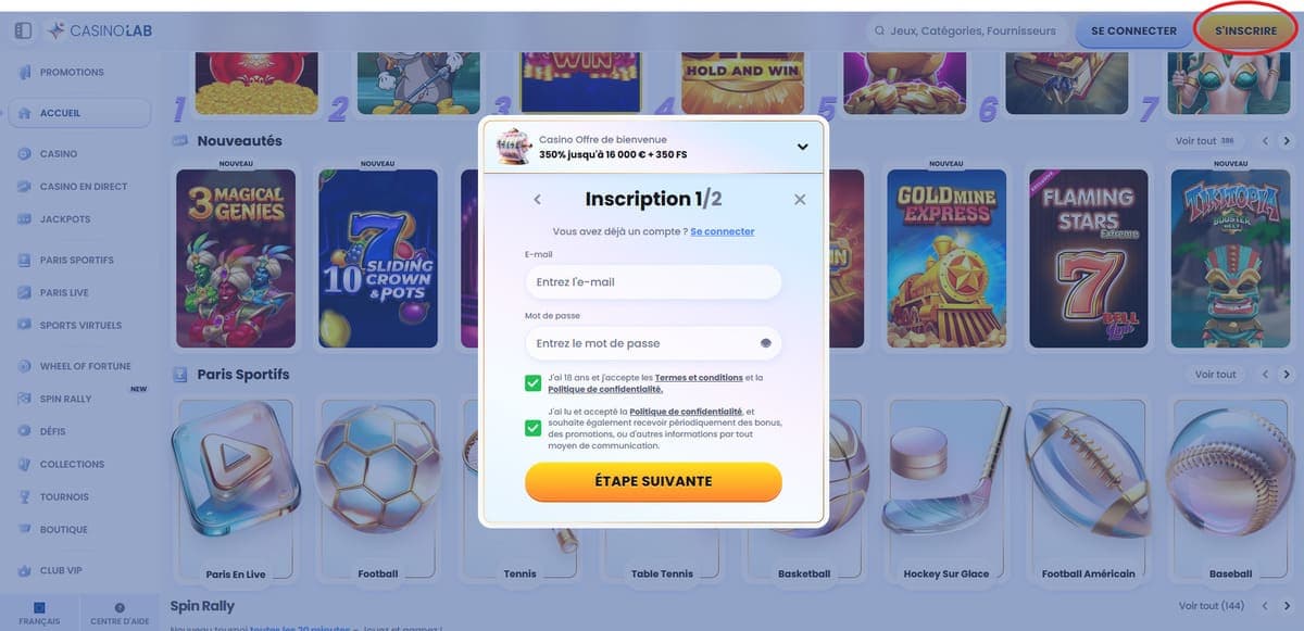 Inscription CasinoLab Casino