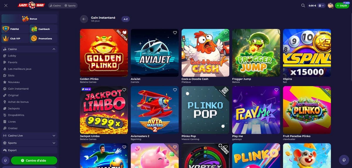 Gains instantanés LazyBar Casino