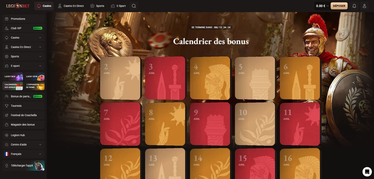 Calendrier bonus LegionBet Casino