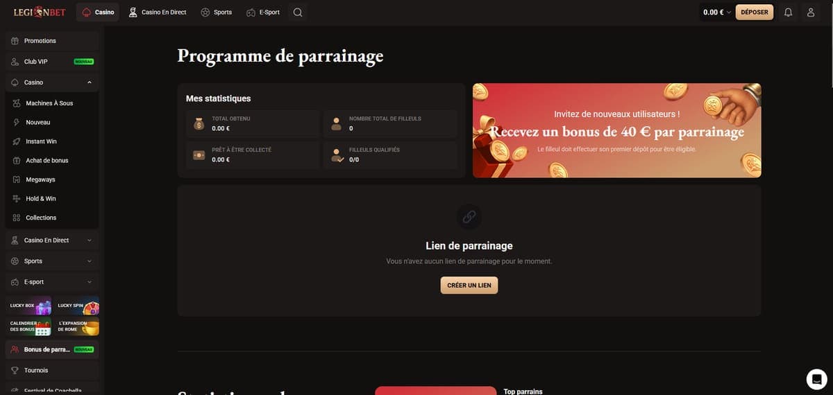 Parrainage LegionBet Casino