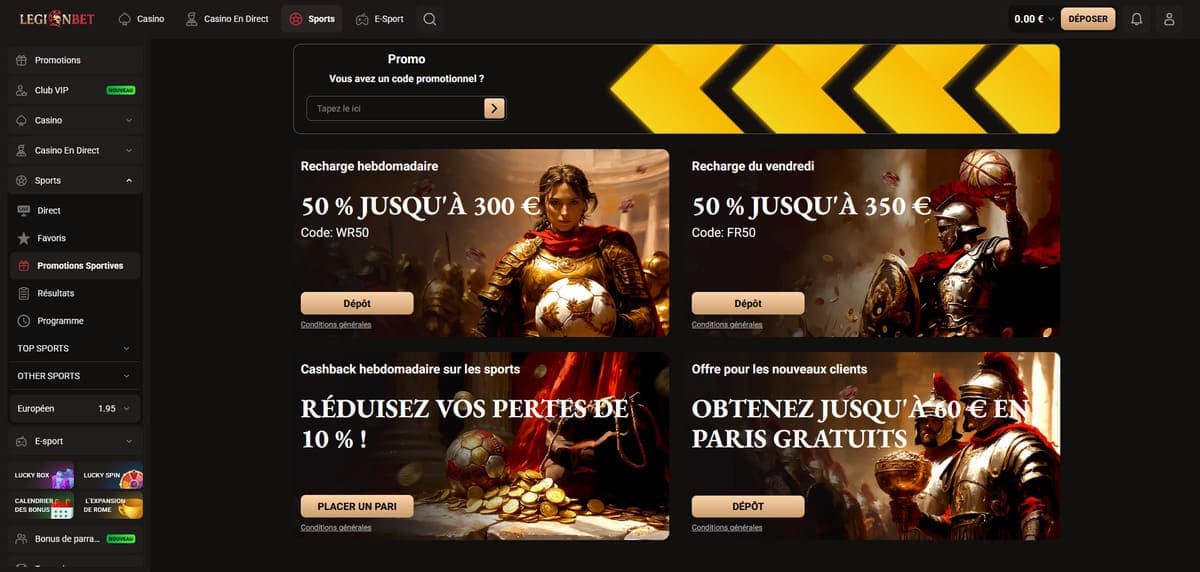 Recharges sportives LegionBet Casino