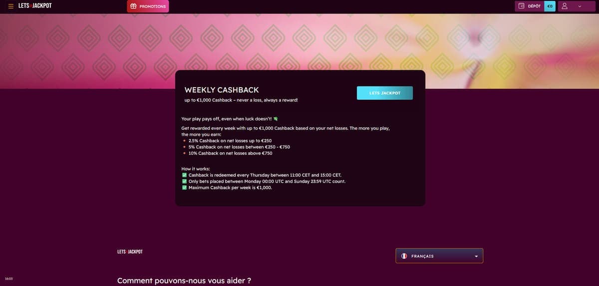 Cashback jeudi Let's Jackpot Casino