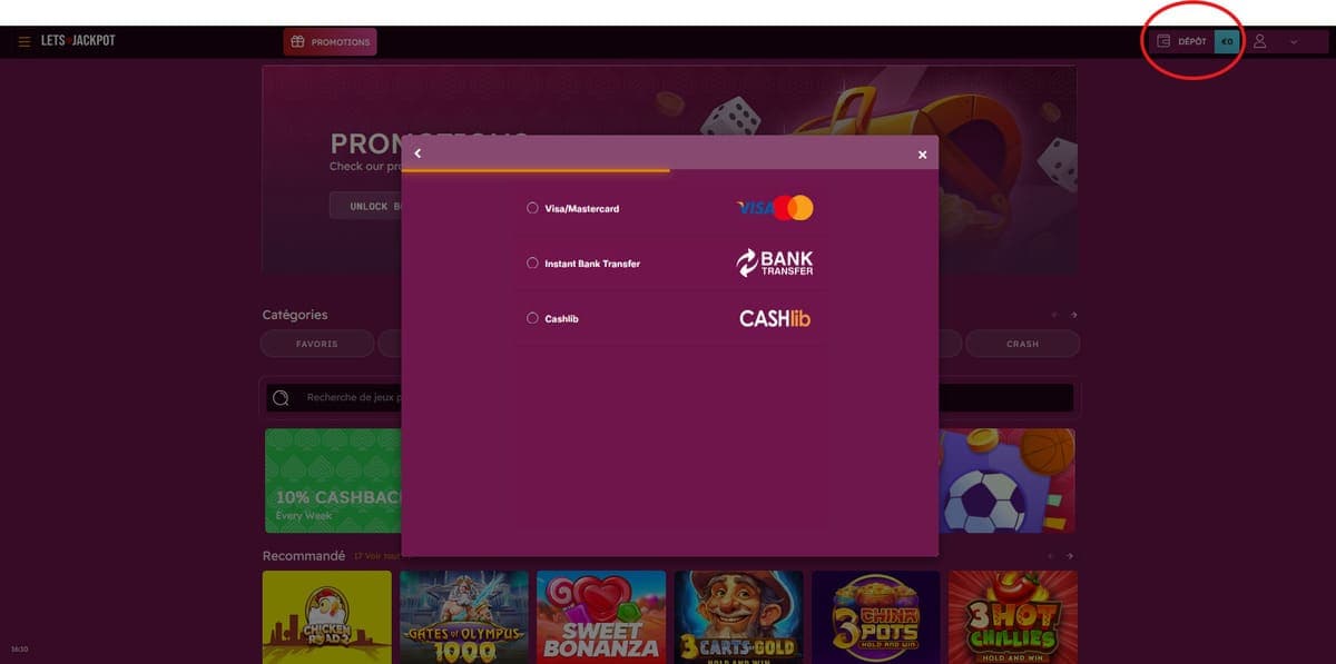 Dépôt Let's Jackpot Casino
