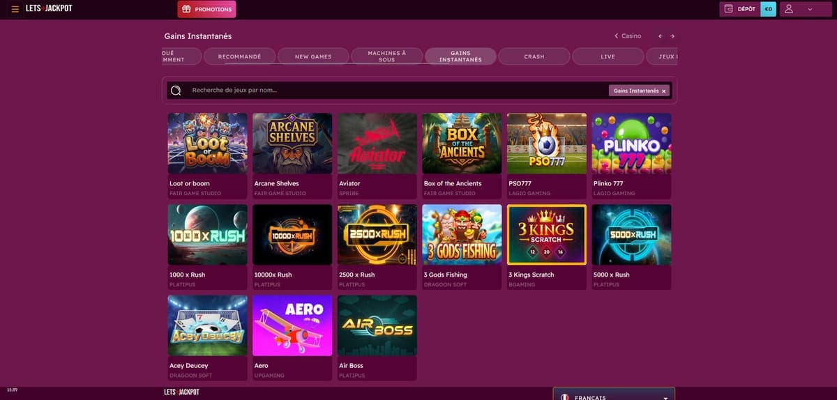 Gains instantanés Let's Jackpot Casino