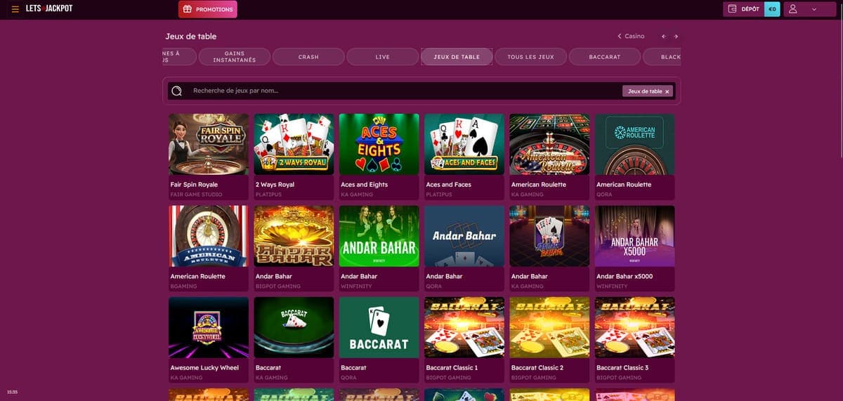 Jeux de table Let's Jackpot Casino
