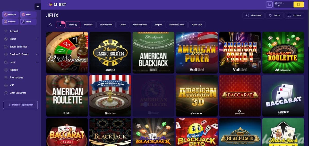 Jeux de table Libet Casino