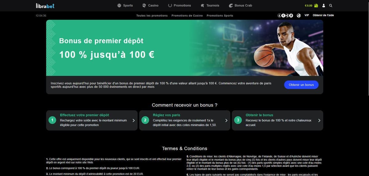 Bonus premier dépôt LibraBet Casino