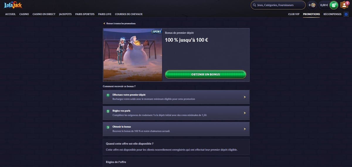 Bonus premier dépôt LolaJack Casino