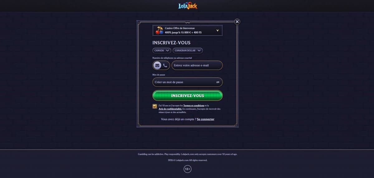 Inscription LolaJack Casino