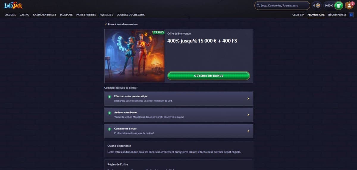 Pack de bienvenue LolaJack Casino