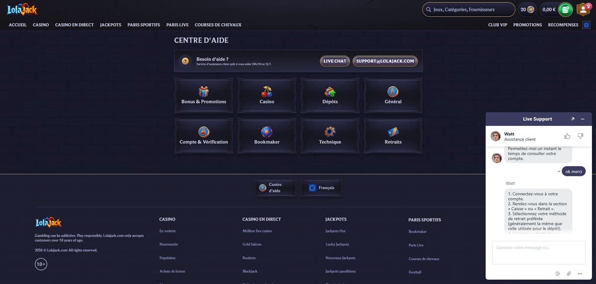Service client LolaJack Casino