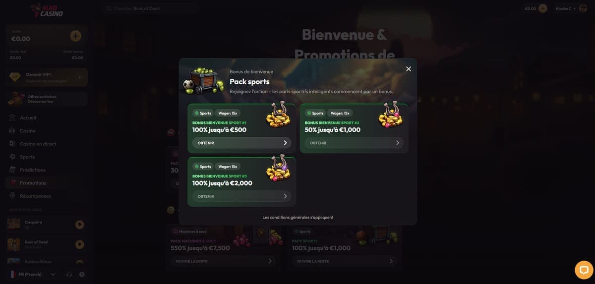 Bonus bienvenue sport MadCasino Casino