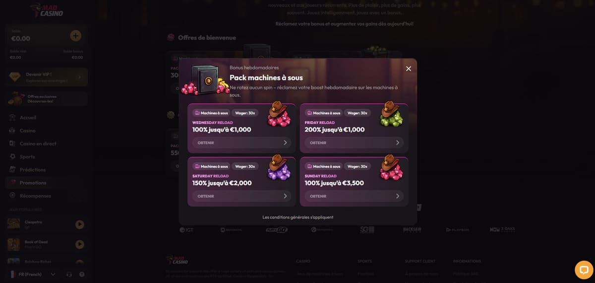 Bonus hebdo MadCasino Casino