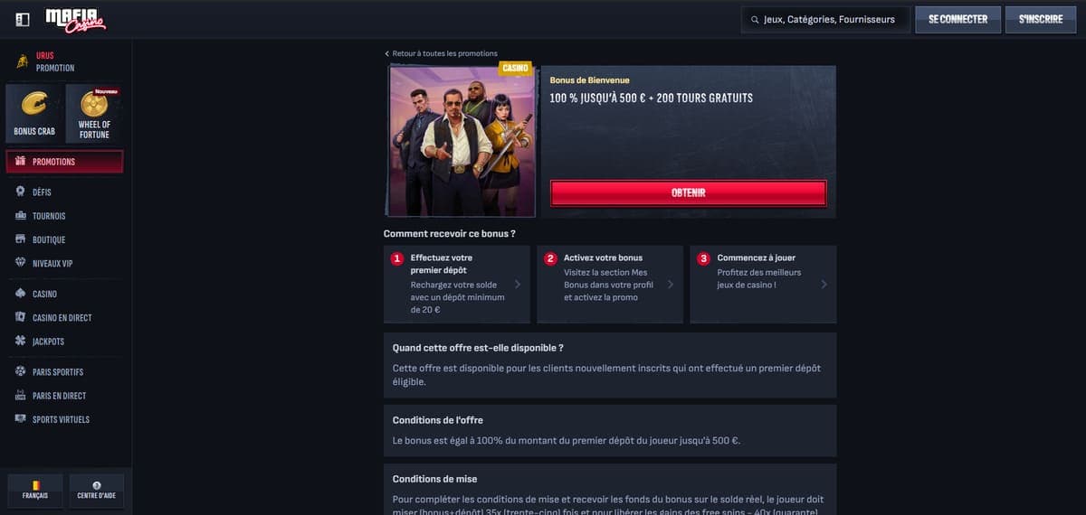 Bonus bienvenue Mafia Casino