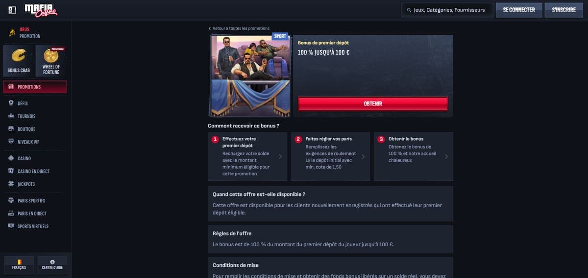 Bonus premier dépôt Mafia Casino