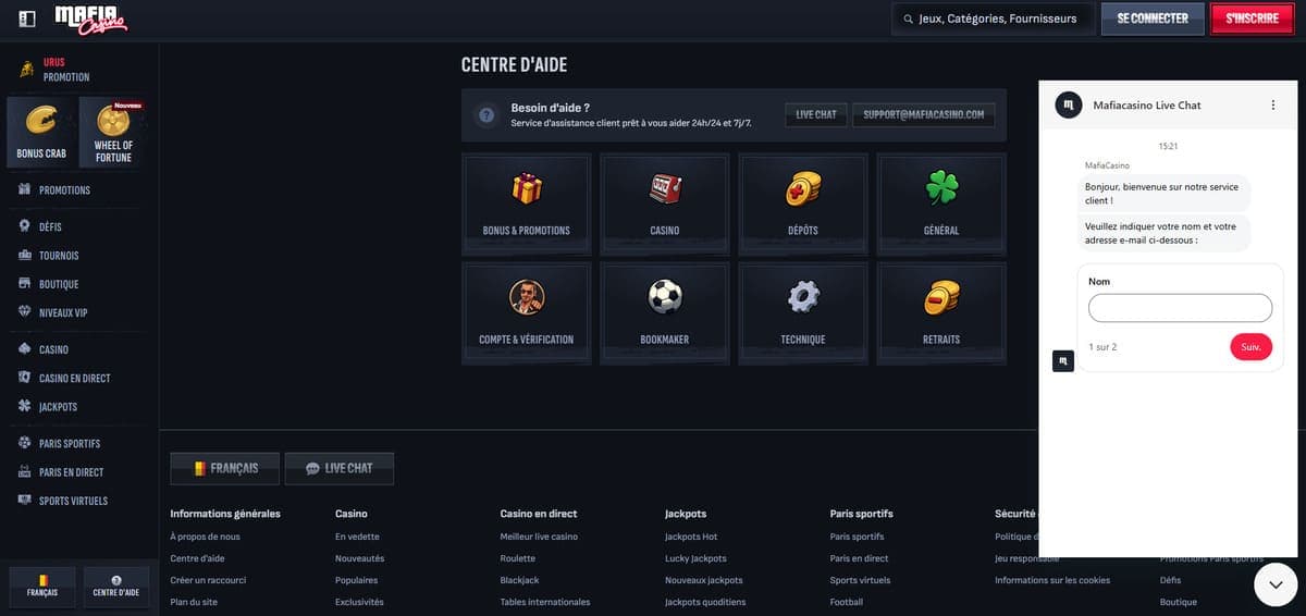 Service client Mafia Casino