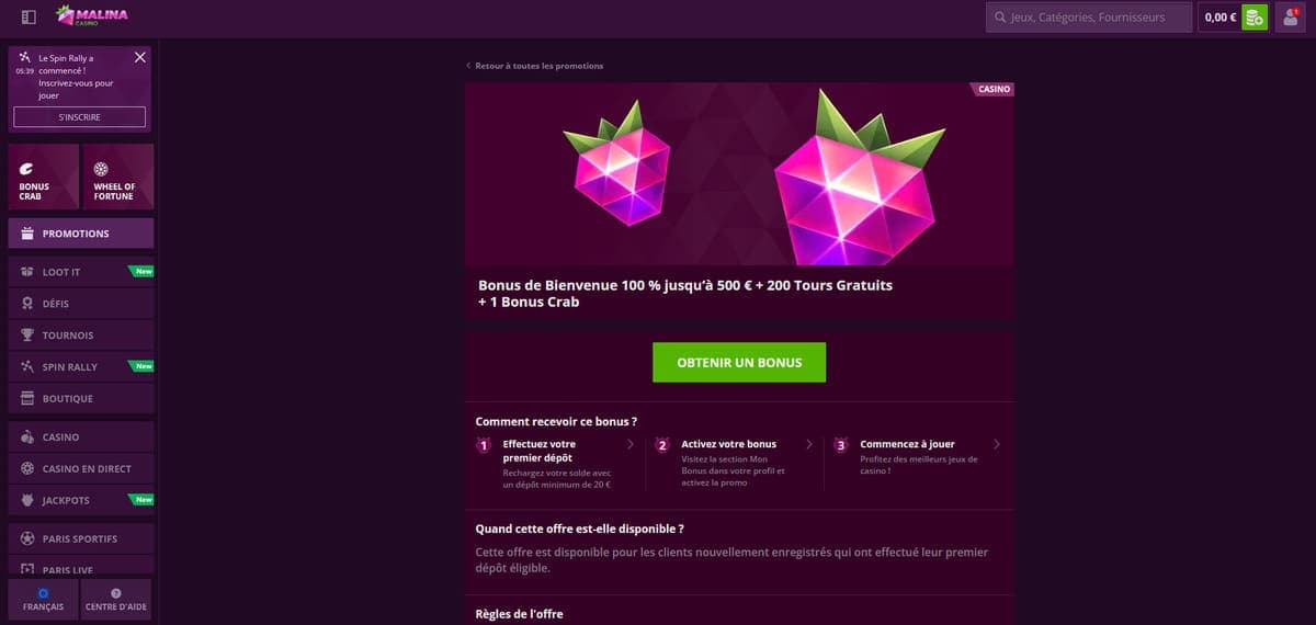 Bonus bienvenue Malina Casino