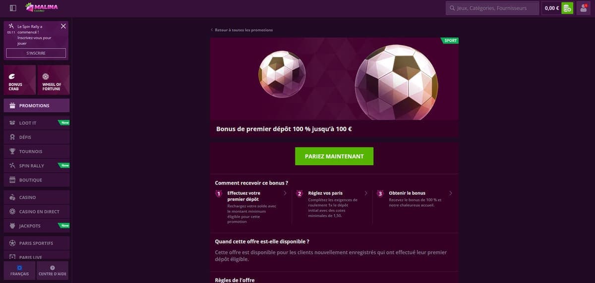 Bonus premier dépôt Malina Casino